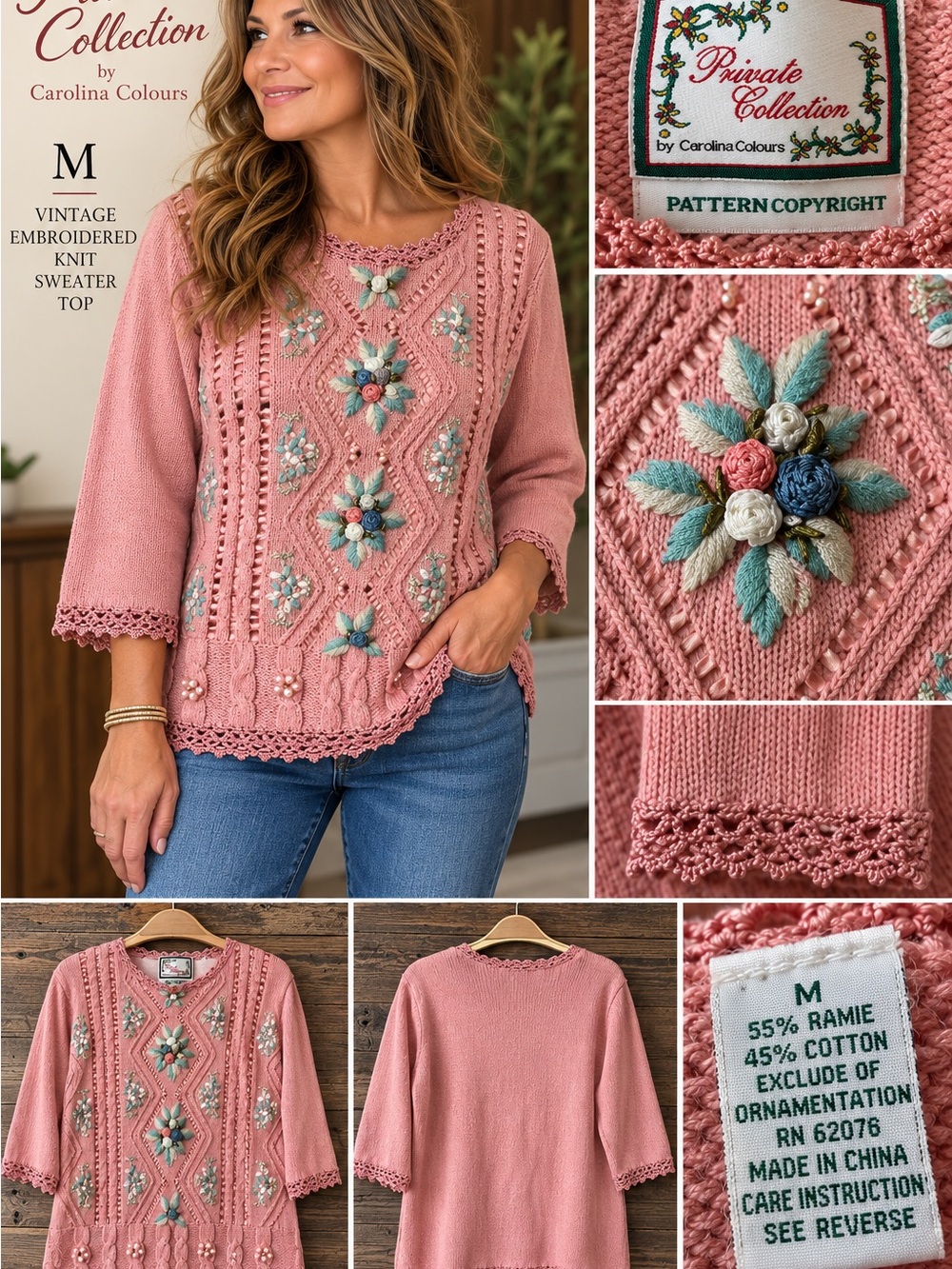 Private Collection Carolina Colours Pink Embroidered Cable Knit Sweater M